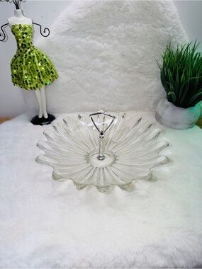 Glass Server Tray Clear Scalloped Design Vintage Chrome Mid Century Modern 🐚